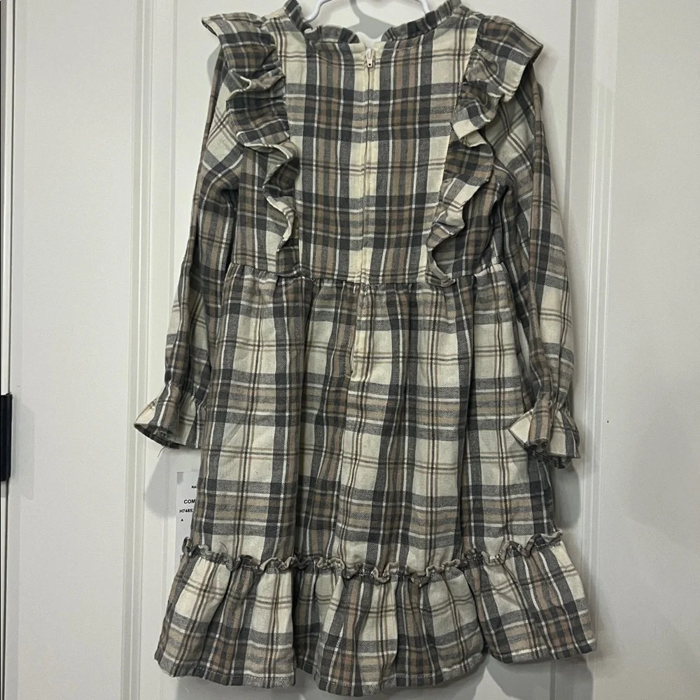 RARE EDITIONS long sleeve dress gray, beige, & tan with ruffles